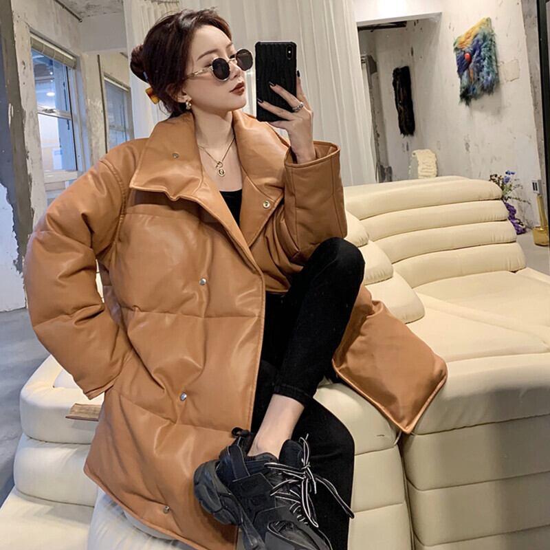 ルーズカラーコート ジャケット ウィンターブラックレザー ロング コットン 冬物 ガールズファッション67697141524