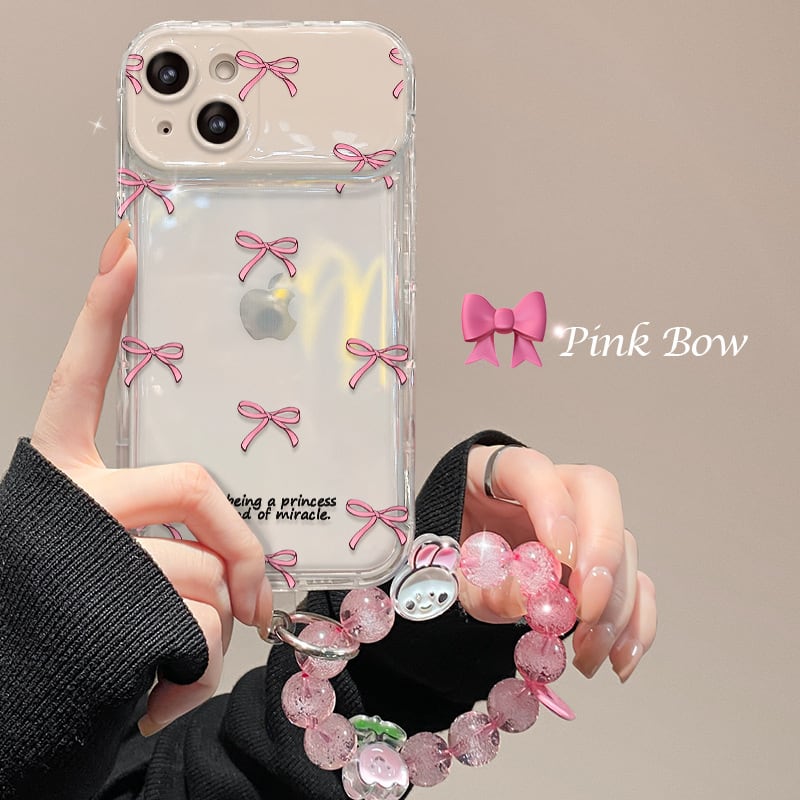 人気の蝶々結び◎ミラー付き 可愛いリボン ピンク クリアケース ストラップ 韓国っぽ 鏡つき スマホケース ND-16258