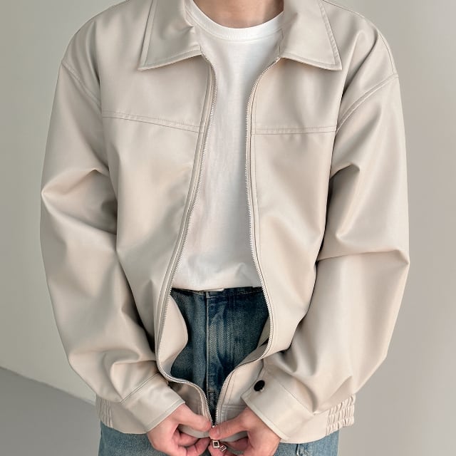 32811OFF TIME メンズ 襟レザーブルゾンベージュサイズL