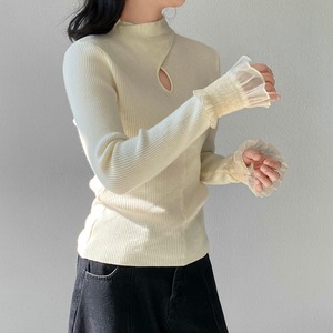 cutout-sleeve lace rib knit　J00344