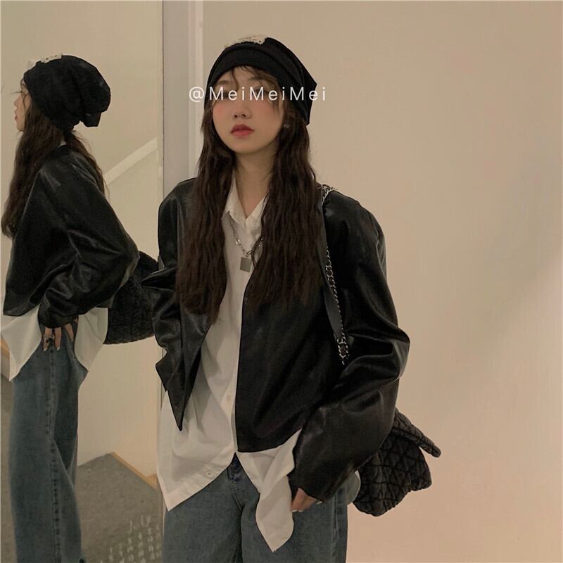 ブラックVネックレザージャケット オータムルーズ ロング 秋物 モンロー54888533197