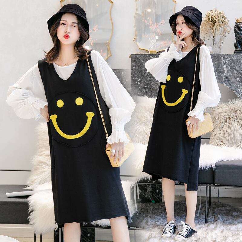 【新作】【送料無料】 マタニティドレス2019秋バージョンのマタニティドレスラウンドネック長袖+刺繍入りスマイリーフェイスベストスカートツーピースセット-アリババ ロング レッド オータム 秋物 Oネック expec257471835189