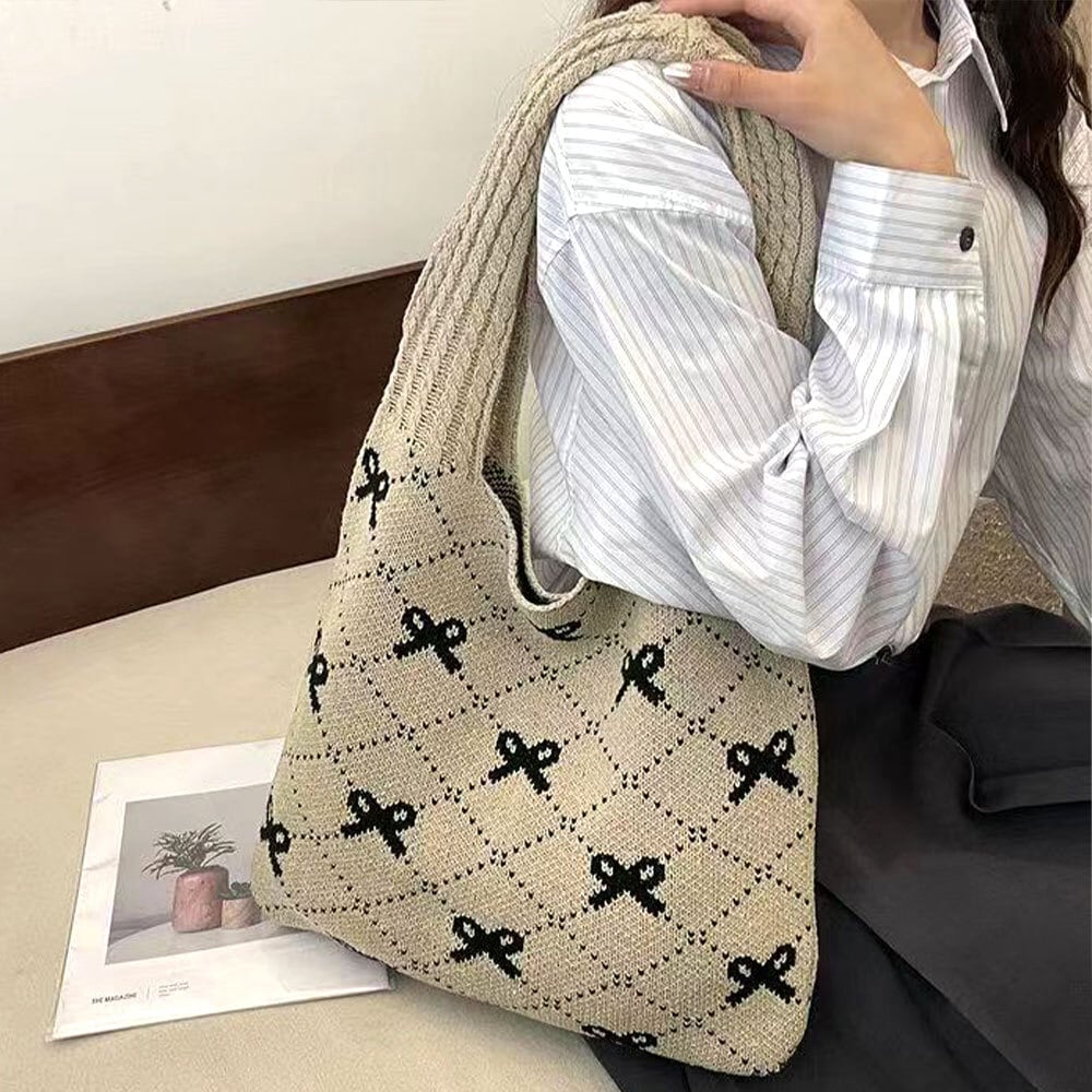 リボン柄 ニット トートバッグ レディース 韓国 大容量 大人 かわいい おしゃれ 通勤 通学 エコバッグ 折り畳み 軽量 A4 きれいめ カジュアル 大人可愛い 大人女子