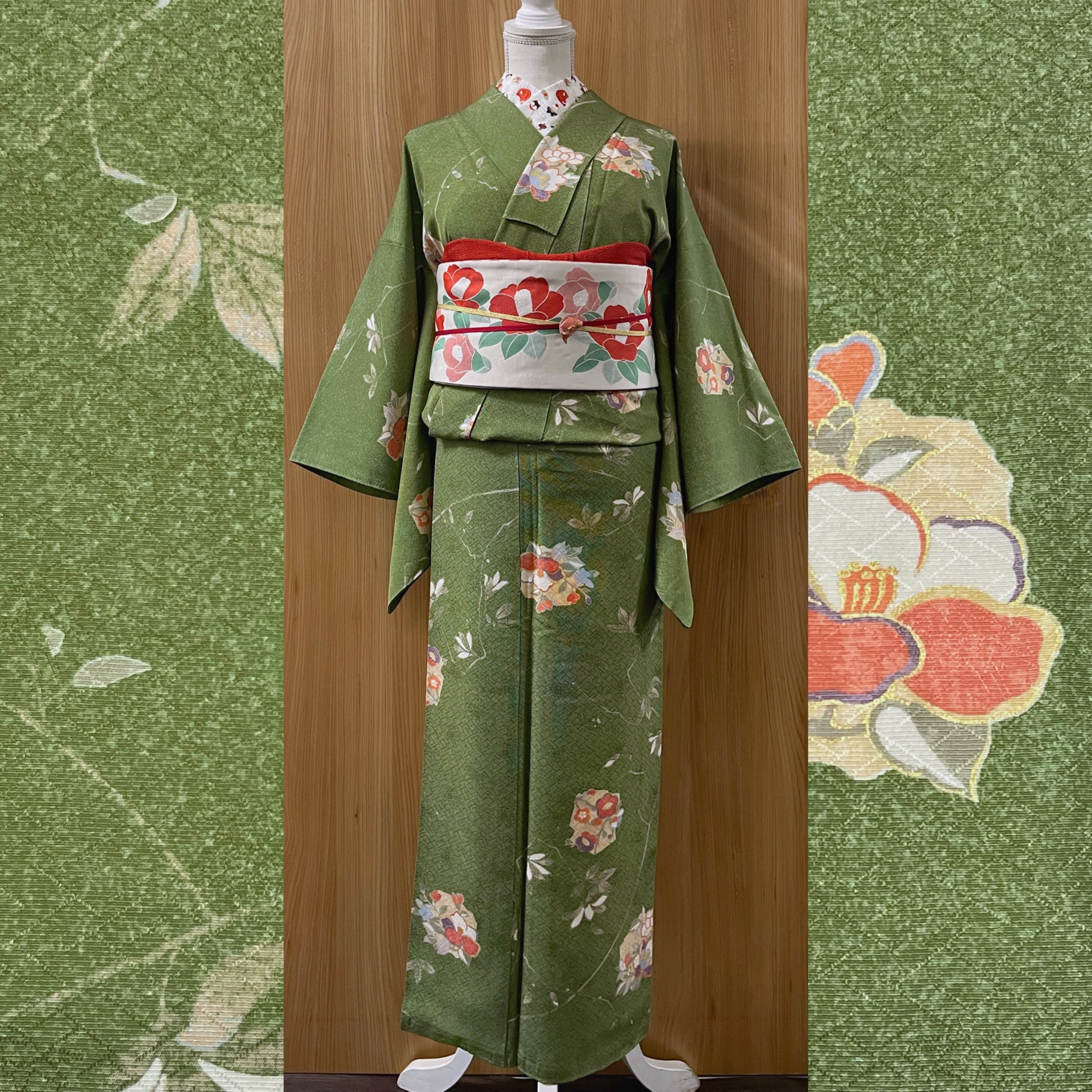 草色に金彩入り破れ色紙・花文様の小紋着物 | きもの楸堂-kisasagedo-