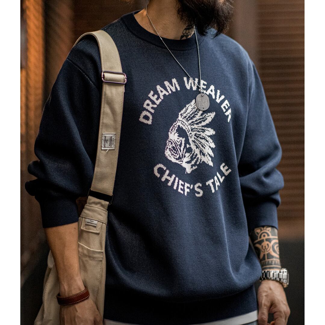 プリント柄長袖クルーネックニットA18131