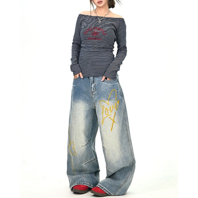 yellow heart lettering denim　イエローハートレタリングデニム　J1380