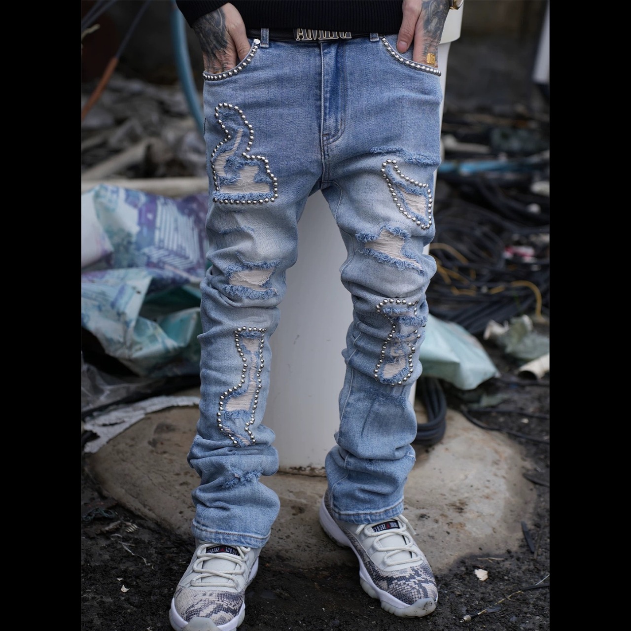 TGFCLUB studs damage slim fit denim - 2