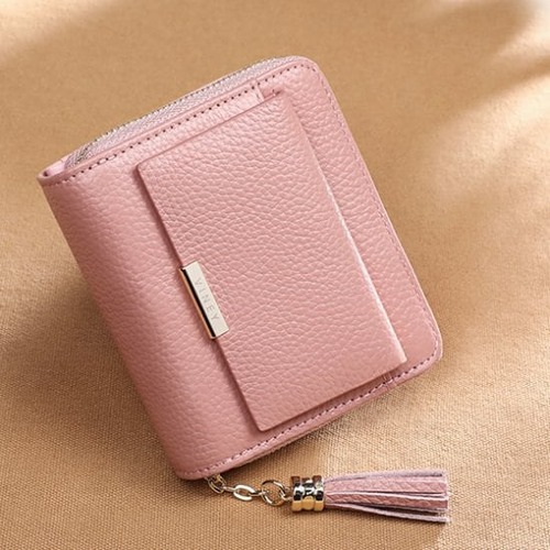 財布 レディース 二つ折り 大容量 牛皮革 小銭入れ 二つ折り財布 ラウンドファスナー 小さめ ミニ コンパクト シンプル オフィス ウォレット タッセル付き ブラック