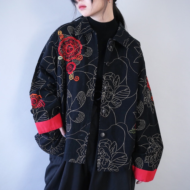 "花×刺繍"  beautiful pattern box silhouette cotton jacket