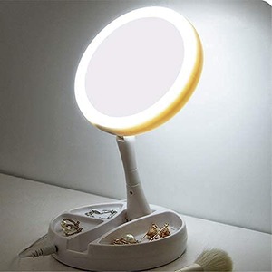 【数量限り】LED 化粧鏡　卓上 360度回転式 角度調節可能 両面型 丸型 10倍拡大鏡＋等倍鏡 ミラー スタンド メイクアップミラー メイクミラー 女優ミラー 卓上ミラー 電気スタンド メイク スタンドミラー 給電 ビューティーアップミラー 折りたたみミラー スタンドミラー 2way給電 USB充電 4本 三電池　収納スペース付き 小物収納 ケース 小物 アクセサリー 雑貨入れ ホワイト メイク道具 母の日 彼女 プレゼント