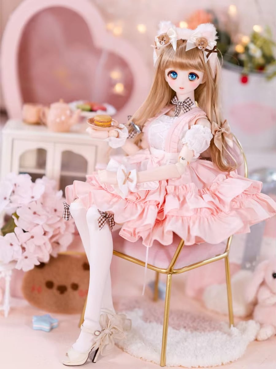 ドール衣装 ネコ耳 しっぽ 肉球 ケモミミ ワンピース フリル レース