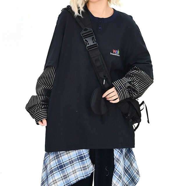 レイヤードストライプスリーブヘンリートップス 1col   R01682