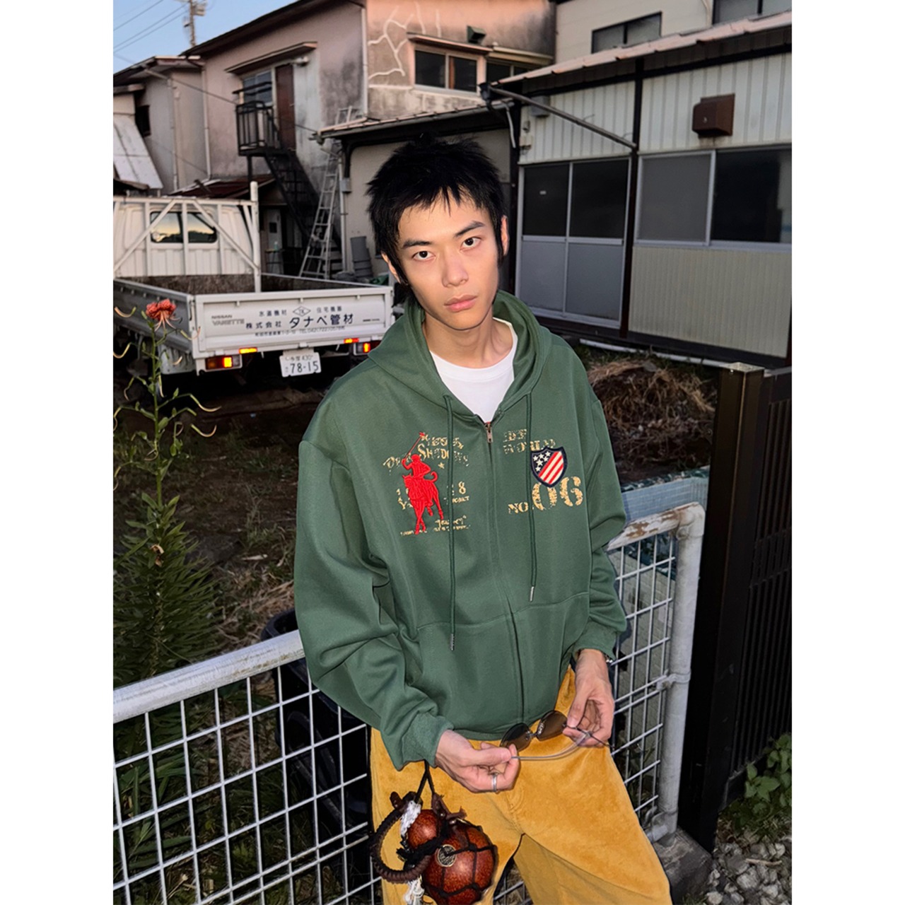 VINTAGE ストリート 裏起毛 刺繍ジップパーカー T1985