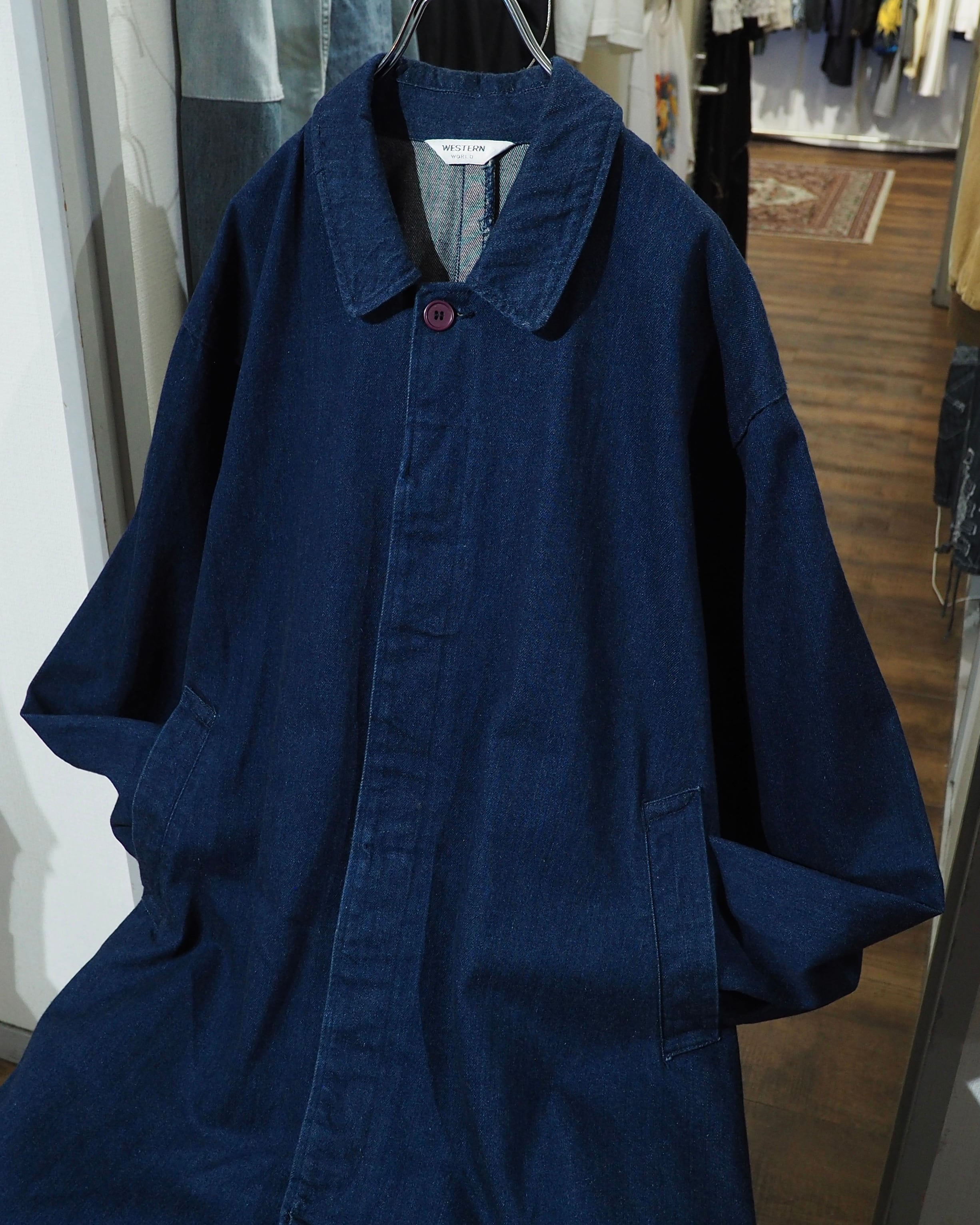 1980 - 90s ” 群青 ” Beautiful Indigo Blue Color Vintage Long Denim Coat