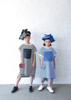 【24SS】ミチリコ(michirico)  Front Pocket Long T blue×white【S/M】半袖Tシャツ　ロング