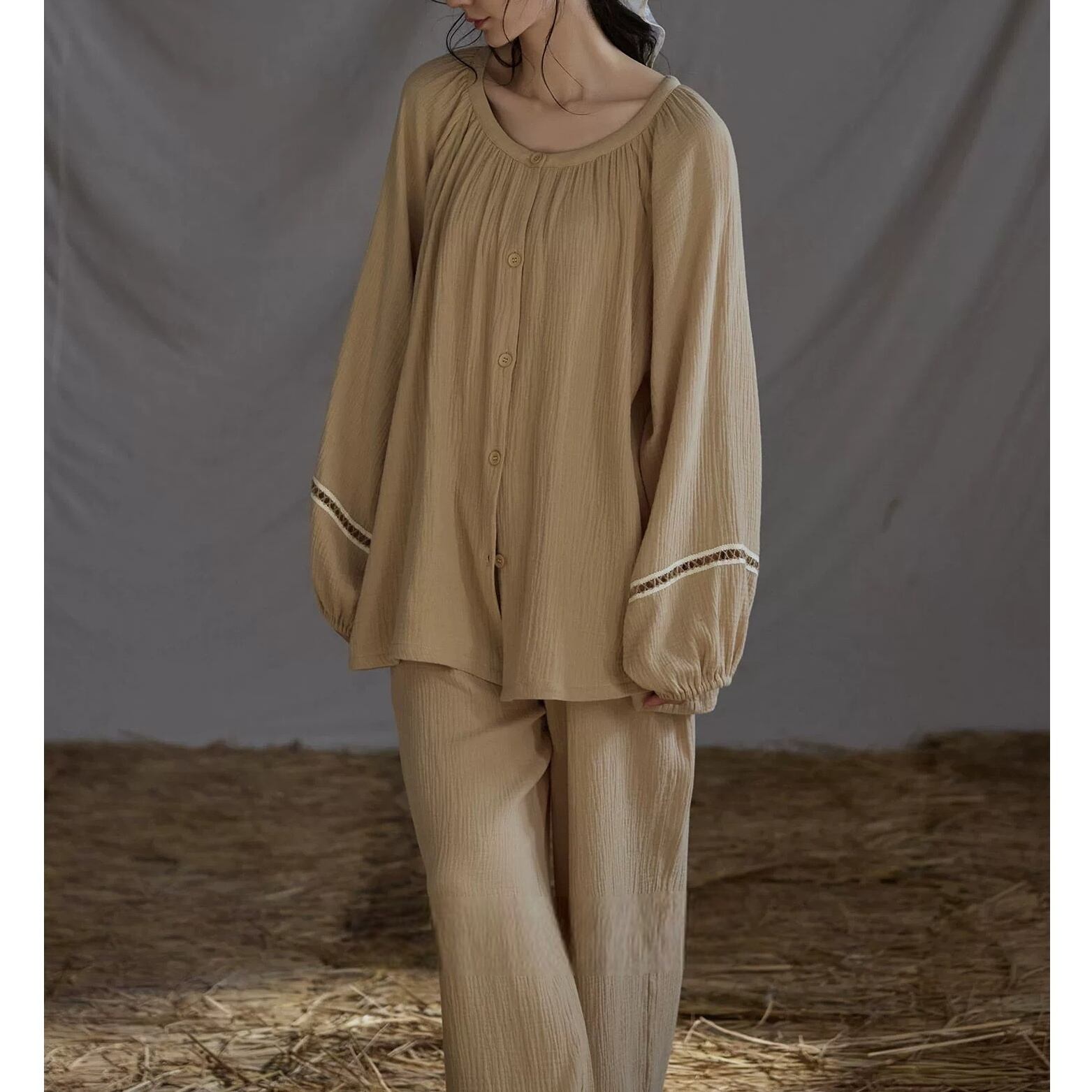 【M-XL】simple design cotton100% cardigan style pajamas p1739