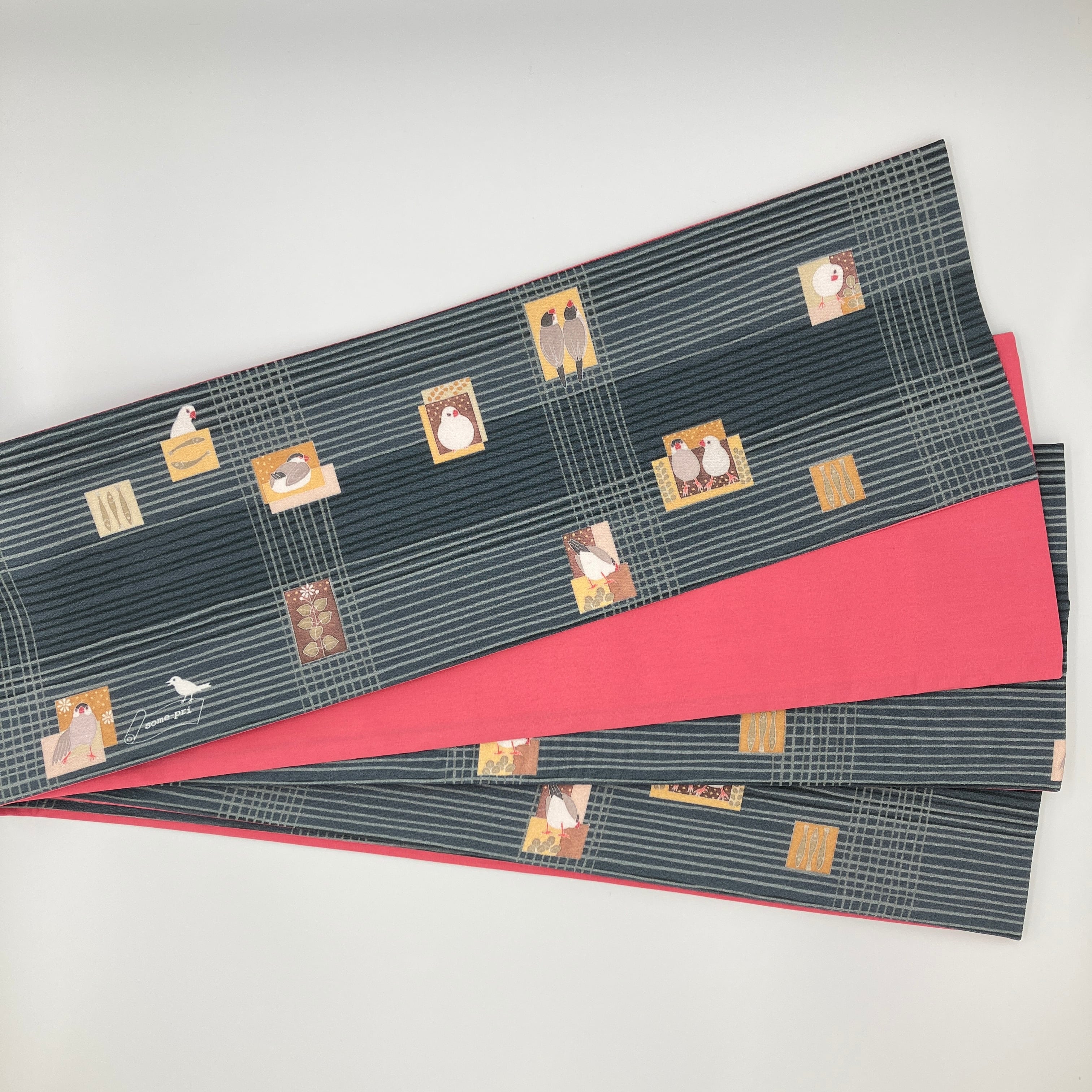 受注品】some-pri 半幅帯「かわいい文鳥」グレー | somemoyoushop ー