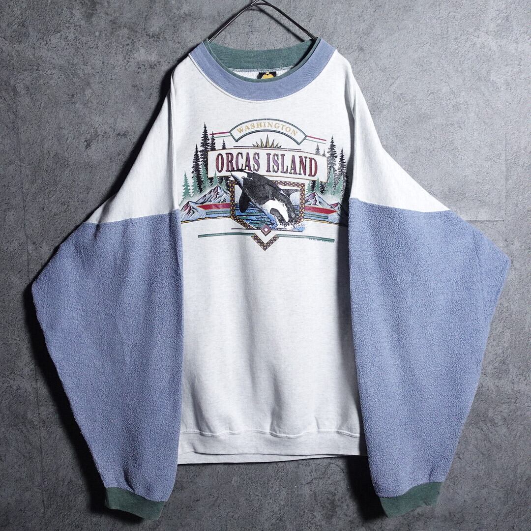 White & blue killer whale Sleeve switching design sweat