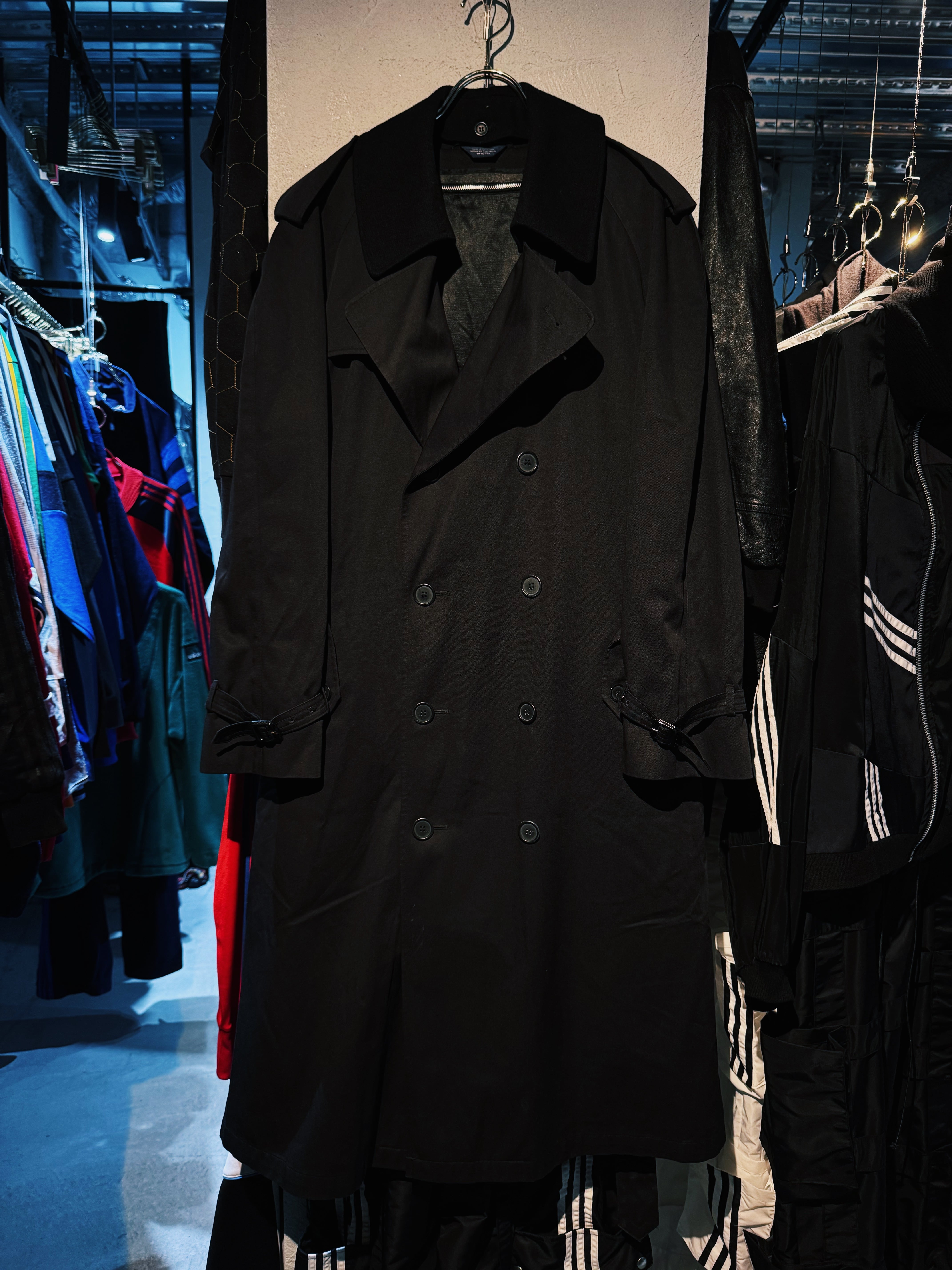 【D4C】vintage matt black color switching collor double breasted trench coat