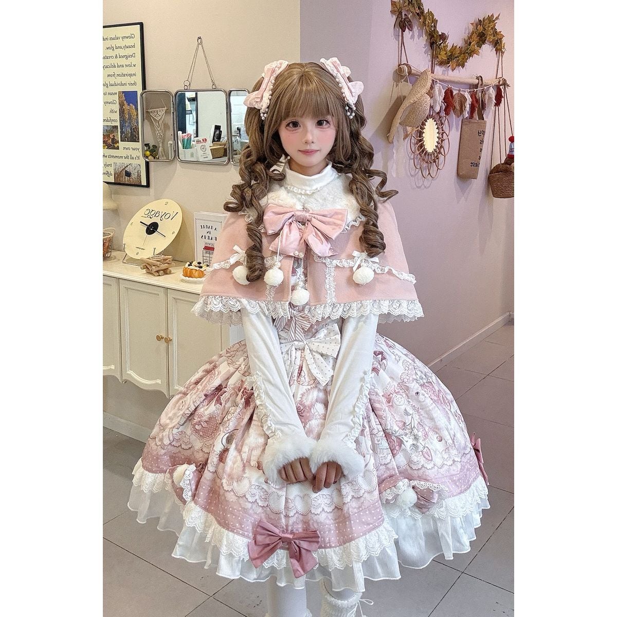 Amavel風 魔法少女ワンピース ケープ付 タロット刺繍 ピンク ロリィタ スイーツ・キャットピンクのケープロリィタセット：ワンピース
