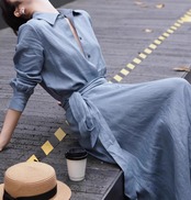 リネンシャツ・リボン付きスカートセットアップ