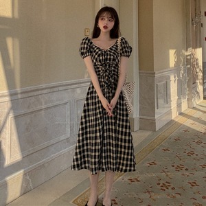 【韓国通販 dgo】チェック柄 ワンピース 夏 Vネック レトロ 半袖 ドレス 女性 ファッション 2020 「ドレス」でイメチェン