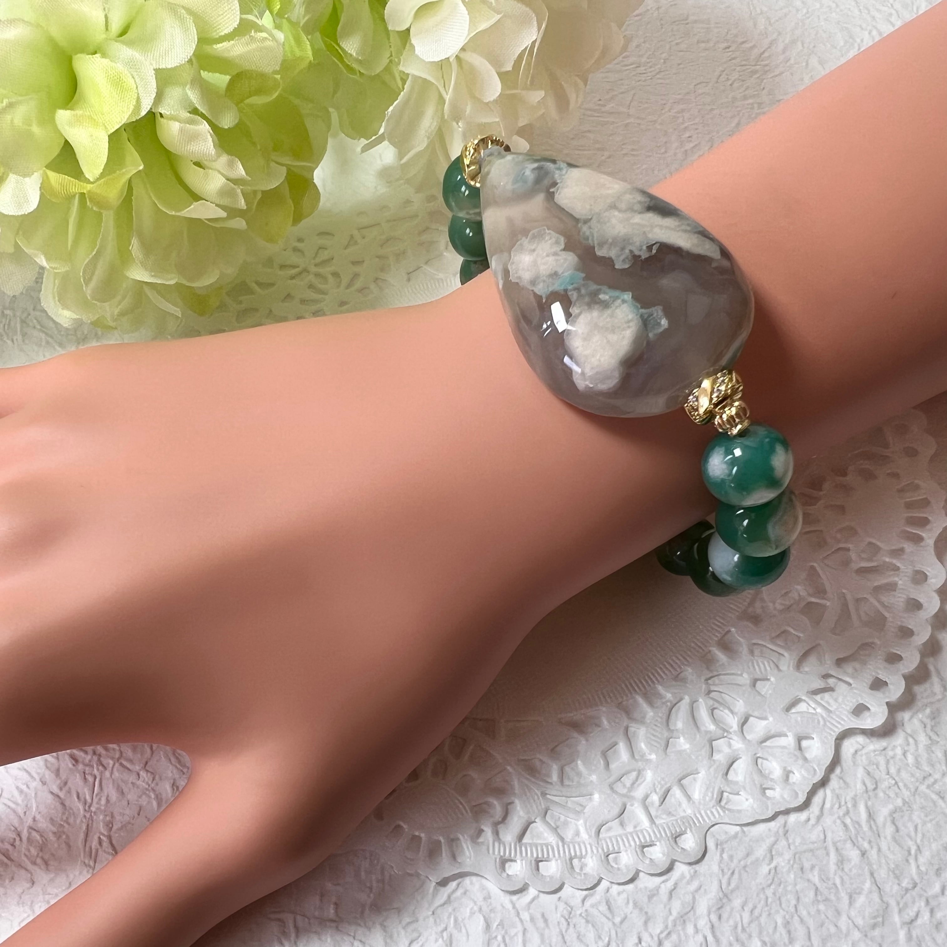 グリーン桜瑪瑙雫ブレスレットしずく①】♥送料無料♥天然石