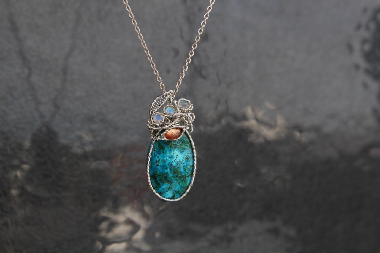 Chrysocolla malachite & Sunstone & Labradorite silver925 wire wrapping pendant