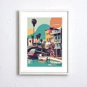 California Harbor｜レトロなサンタモニカの港町を描く西海岸アートポスター｜夏インテリアに映えるヴィンテージ風デザイン｜日本製A2ポスター