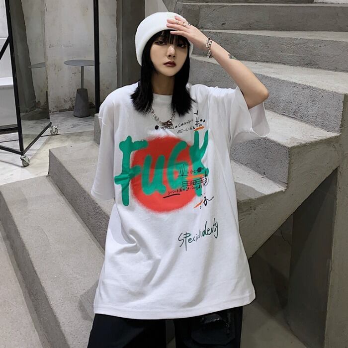 サマー半袖スリーブルーズTシャツ スタイルラウンドネックプリントトップス ショート ハーフスリーブ 大きめサイズ かわいい 夏物 Oネック ケッペル62585159894