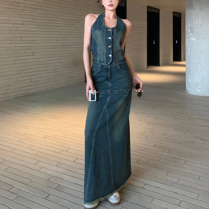 セットアップ セクシー OL/通勤レトロ ホルターネック デニム トップス