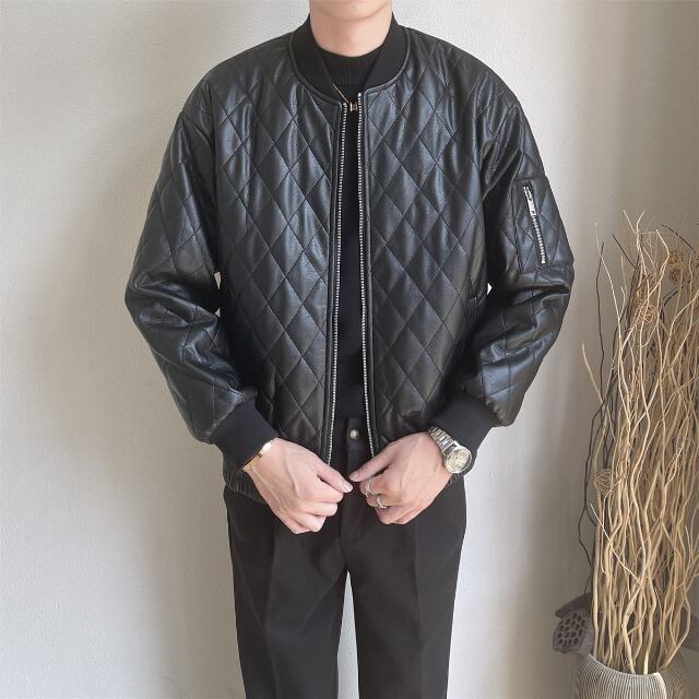 【予約販売】ブルゾン アウター ジップアップ レザー 革ジャン キルティング ブラック ジャケット ショート丈 メンズ カジュアル 男前 こなれ感 お洒落 韓国 トレンド 秋 冬 M/L/XL/2XL