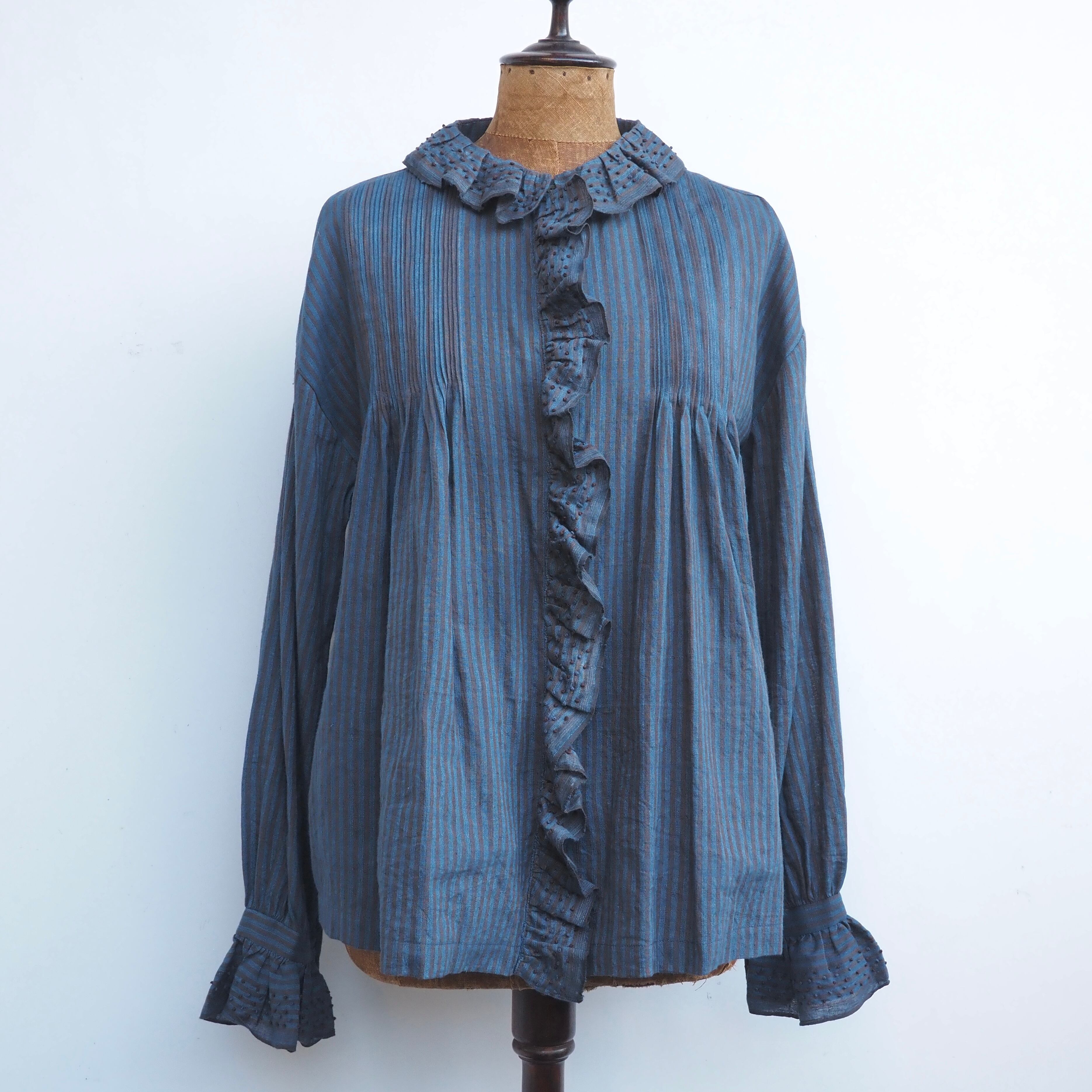 BUNON/Embroidery Frill Blouse /ブラウス(Brown×Blue strip)