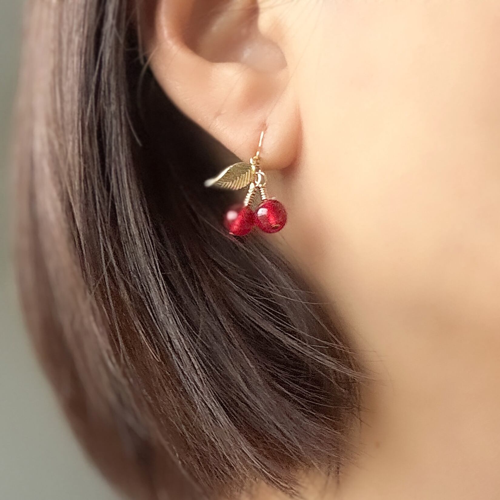 天然石レッドカラージェード さくらんぼピアス（イヤリング）｜14Kgf