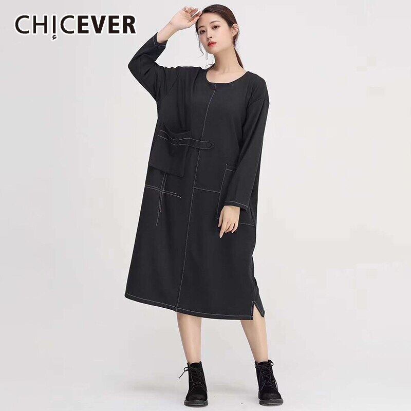 CHICEVERストライプドレスレディースOネック長袖ポケットサイドスプリットオーバーサイズドレス2020秋 ロング 6base581153758946