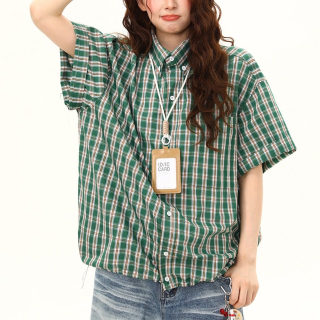 green check short-sleeve shirt　グリーンチェック柄半袖シャツ　J2002