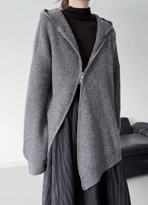 Hooded double zipper loose layered grey knit [T2679]