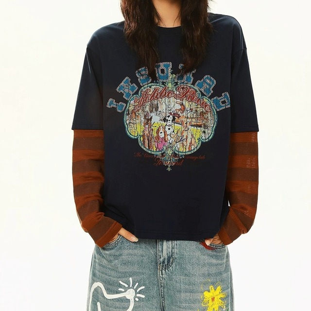 レトロアニマルプリントボーダースリーブドッキングTシャツ 2col   R02584