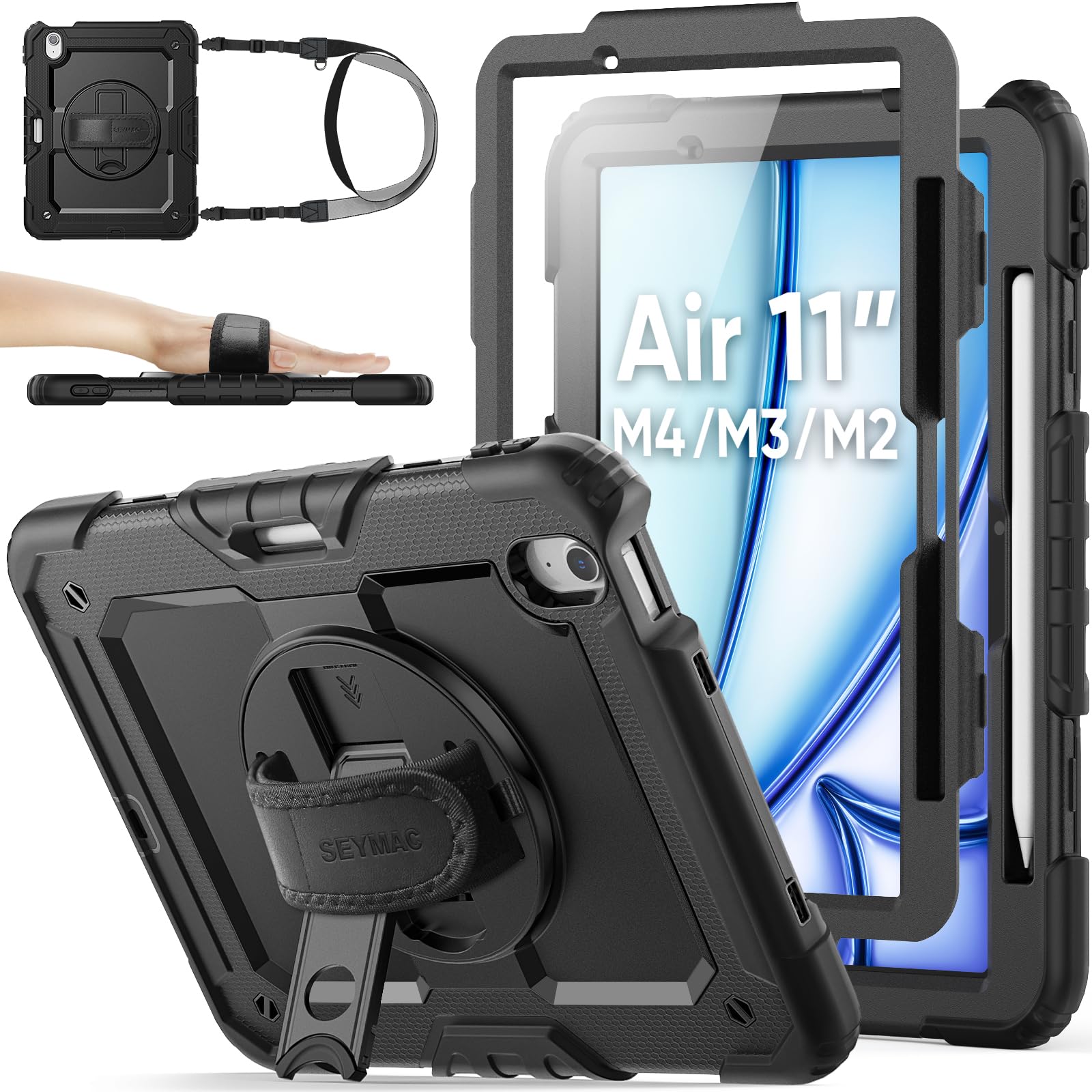 SEYMAC stock 2026年/2025年/2024年 11インチiPad Air(M4/M3/M2)専用耐衝撃ケース,ブラック