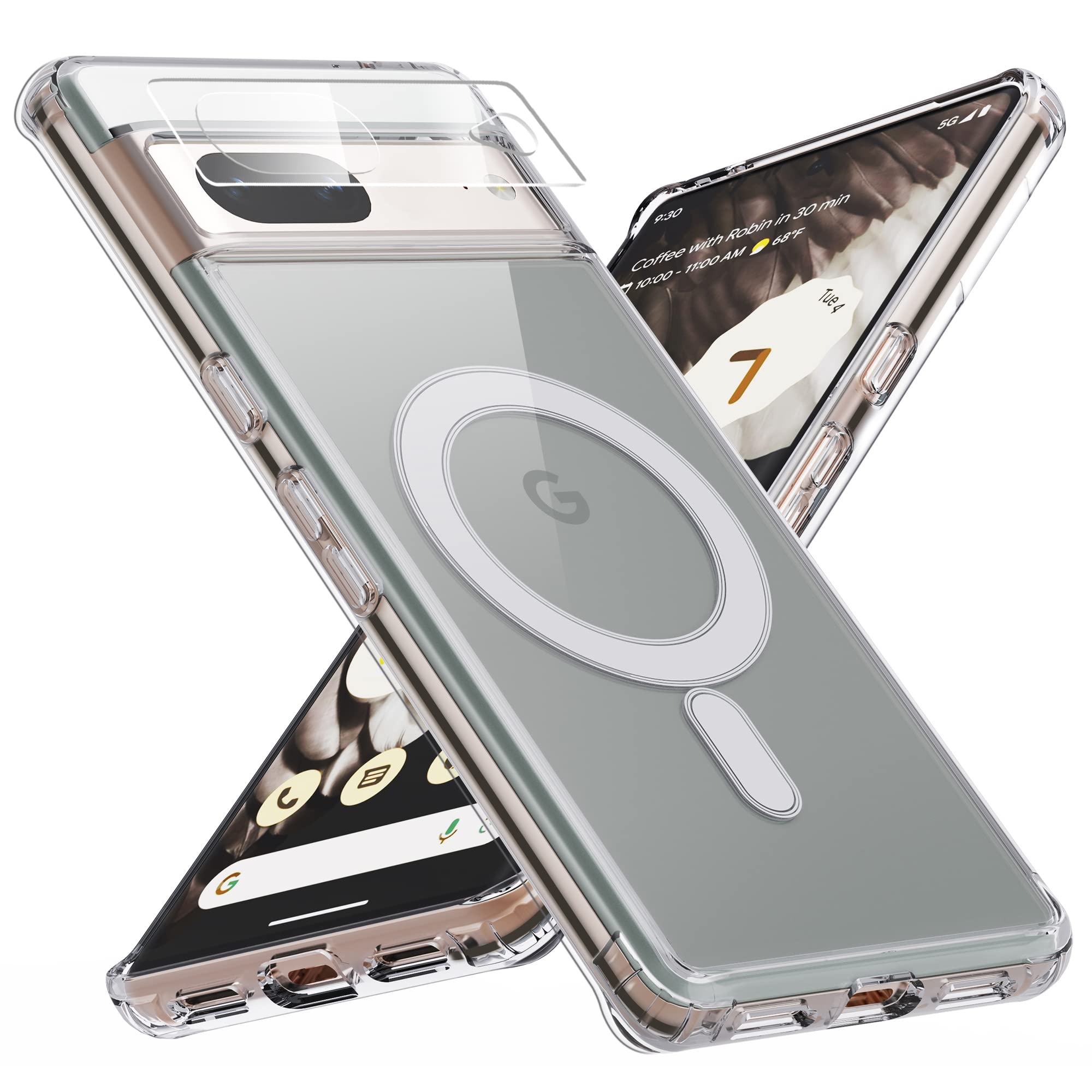 MAKAVO Google Pixel 7用ケース 磁気カバー MagSafe対応 スリム 薄型 クリスタルクリア 耐衝撃 ハードバック&ソフトエッジ カメラレンズプロテクター