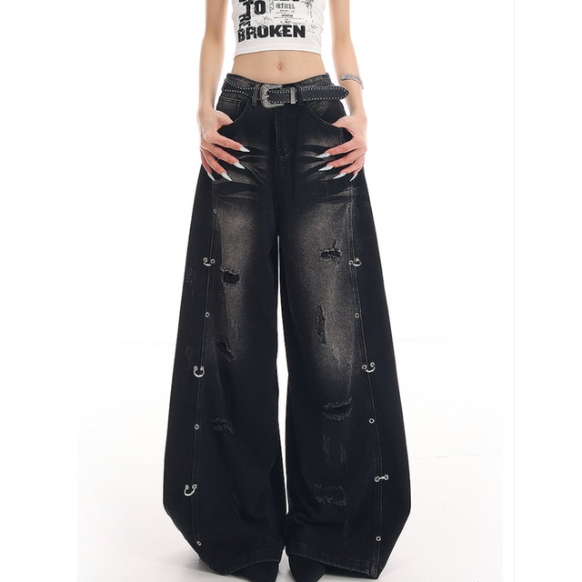 ring decoration washed straight-leg denim pants la2970