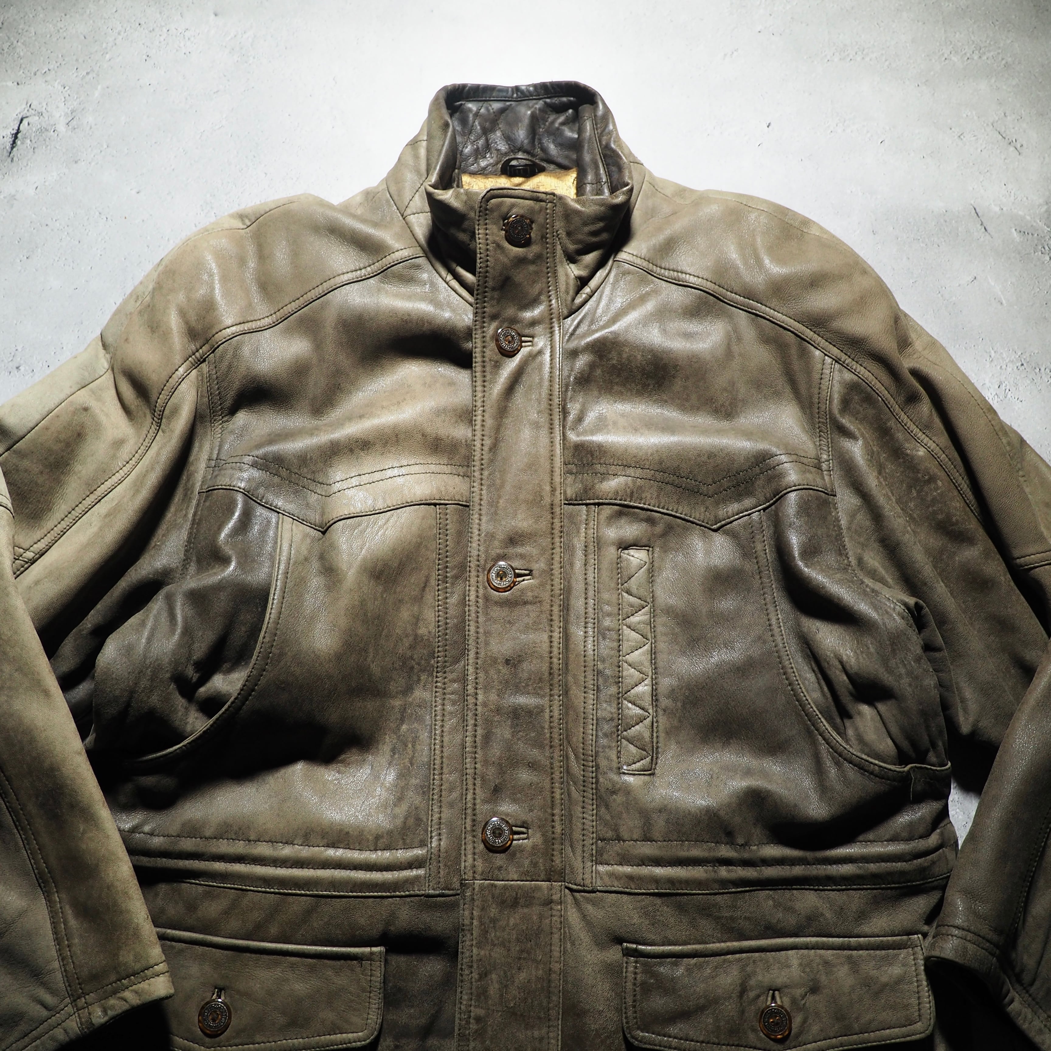 ” Deformation - 変形 ” Beautiful aging Fade color vintage loose sheep leather jacket