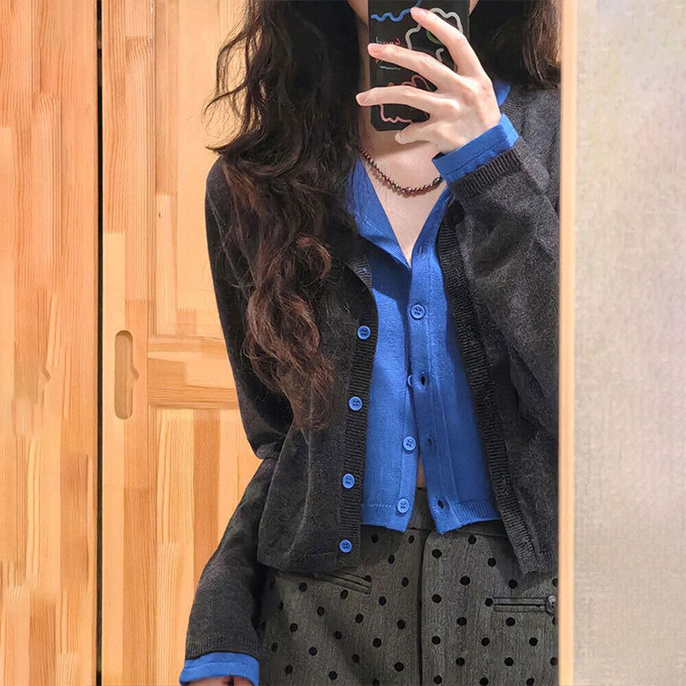 【送料無料】 レイヤード風 ニット カーディガン 重ね着 レディース 春秋 韓国 トップス 羽織り きれいめ 大人 カジュアル おしゃれ 切り替え 配色 長袖 ニットカーディガン 大人可愛い 大人女子