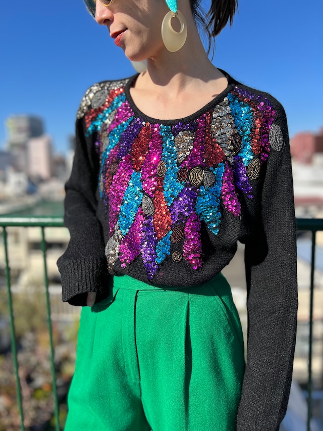 80s black × multi color spangle silk knit tops ( ヴィンテージ ブラック × マルチカラー  スパンコール ニット トップス