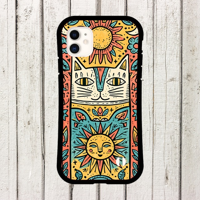受注生産 iPhoneケース 猫と太陽のサイケ民芸柄｜猫モチーフ PSYF028C