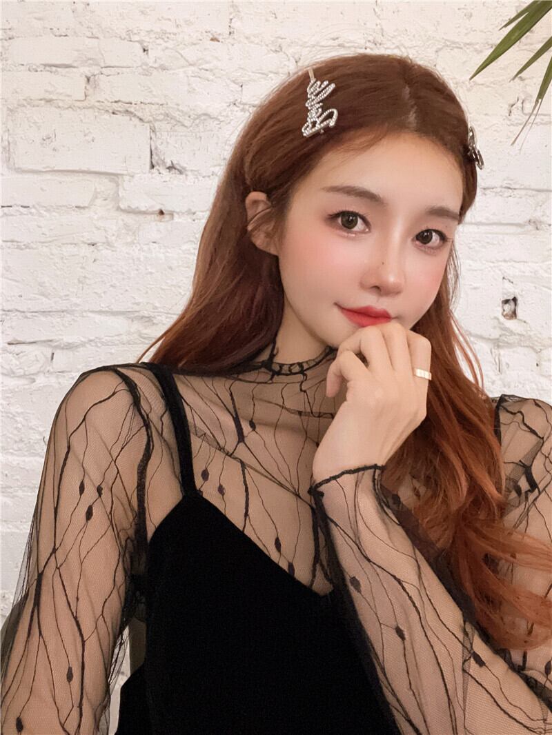 Tシャツ シャツ レースメッシュスタイルブラウス スプリング ロング 春物 ブラックストロベリース61923001912