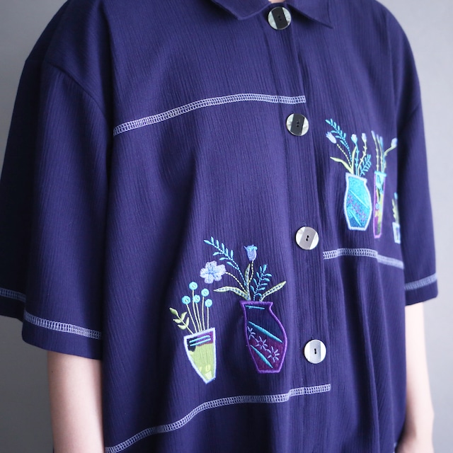 "花瓶×刺繍" cold color stitch work design loose h/s shirt
