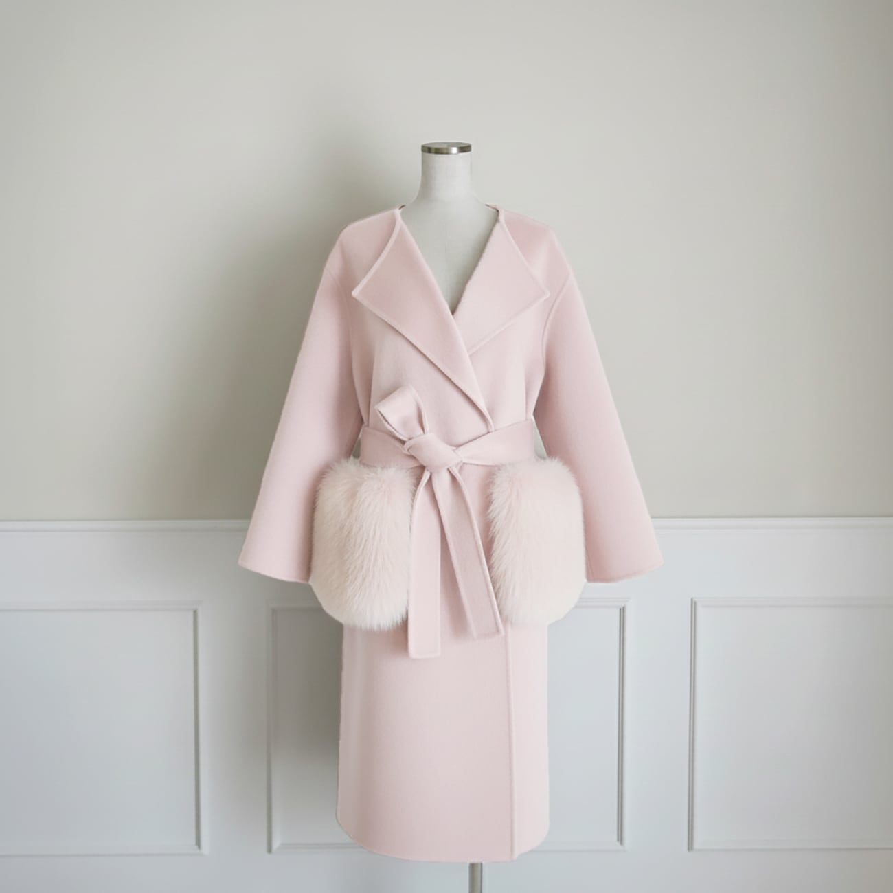 ストール＆フォックスファーポケット付き ウールロングコート SPS-2025