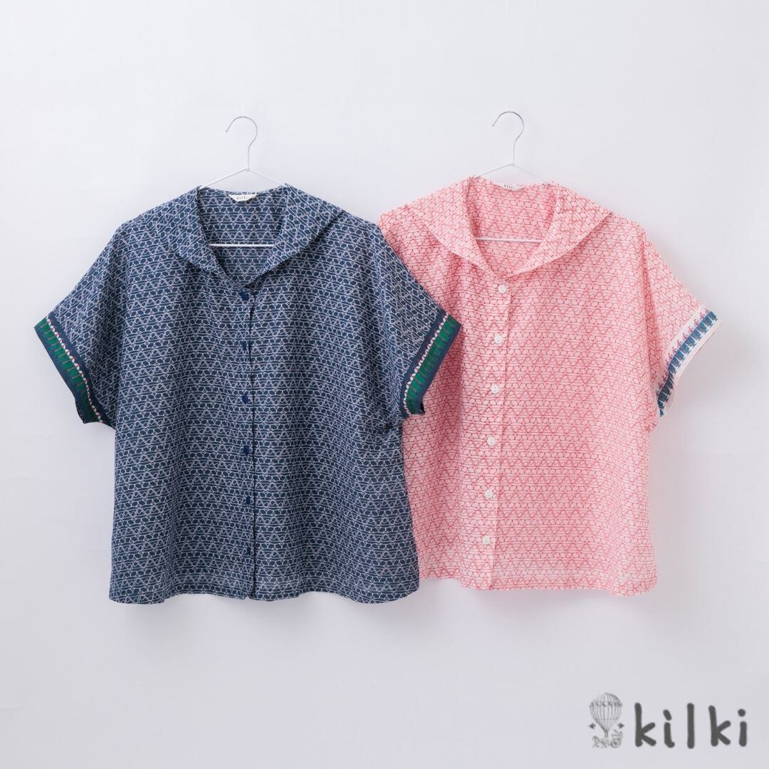 KILKI キルキー 綿100 ブラウス レディース 襟付き おしゃれ 半袖 夏 ソーダ 体型カバー 綿 コットン 100% 通気性 coco made クリームソーダ 柄物 イラスト レトロ かわいい ネイビー ホワイト 6S-B34 Kl037