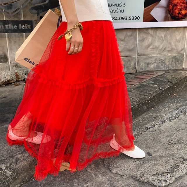 tulle dot tiered long skirt J00129